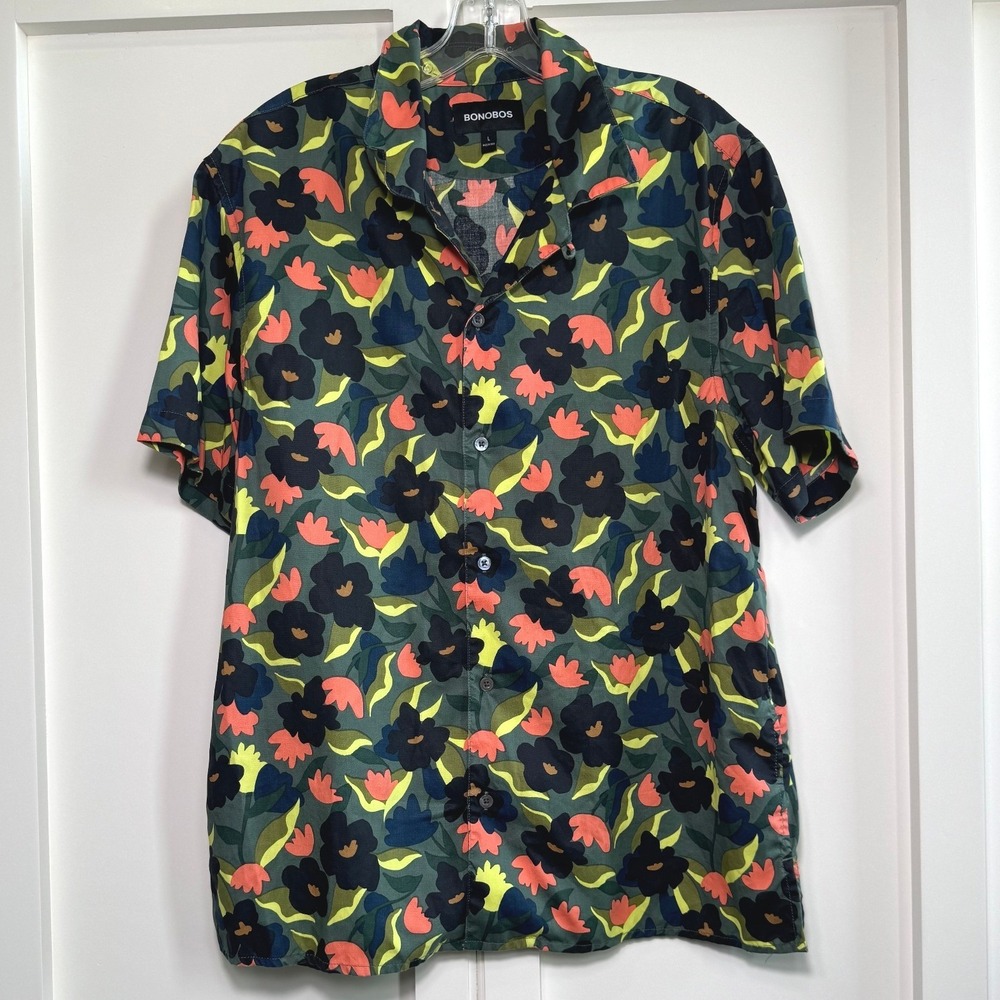 Bonobos Mens Large Floral Riviera Camp Shirt Short Sleeve Tencel‎ Green Multi